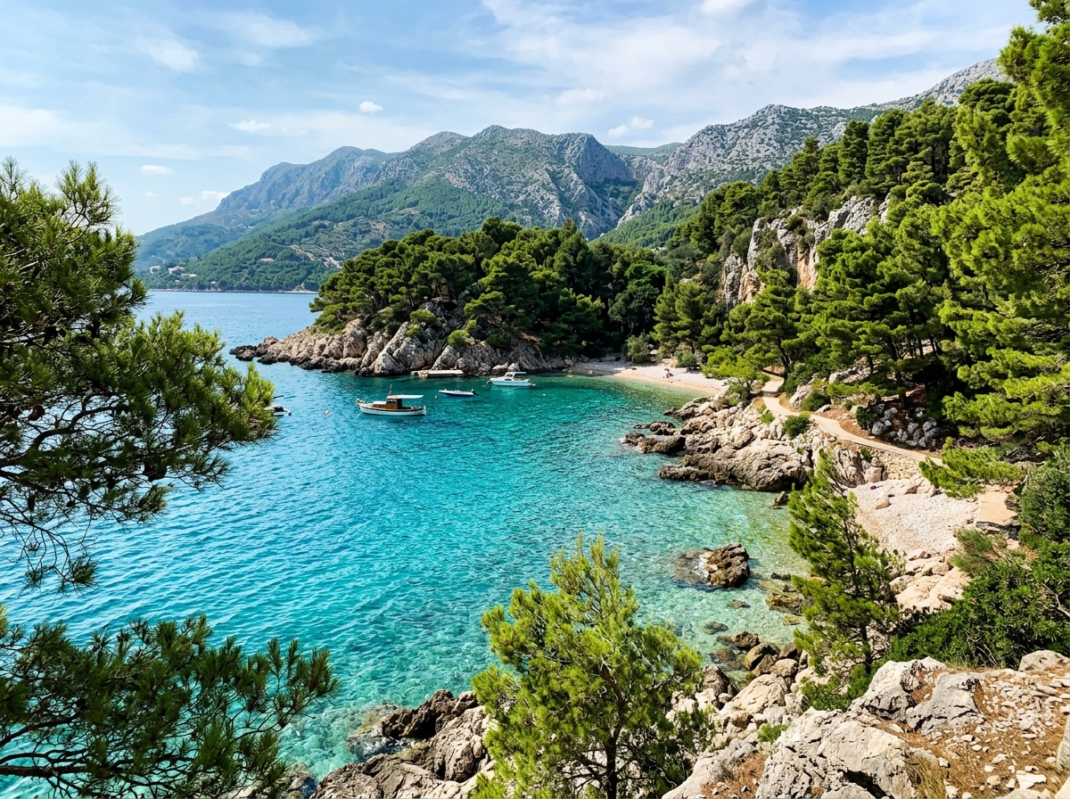 Clear crystal turquoise waters along the Adriatic pine forested shore