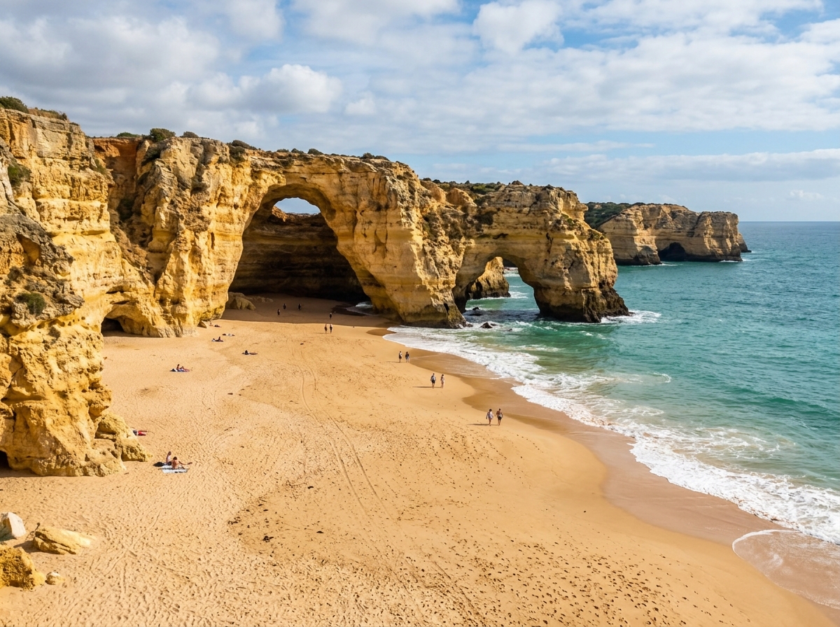 Golden sandstone cliffs and broad sand beaches of Algarve Portugal