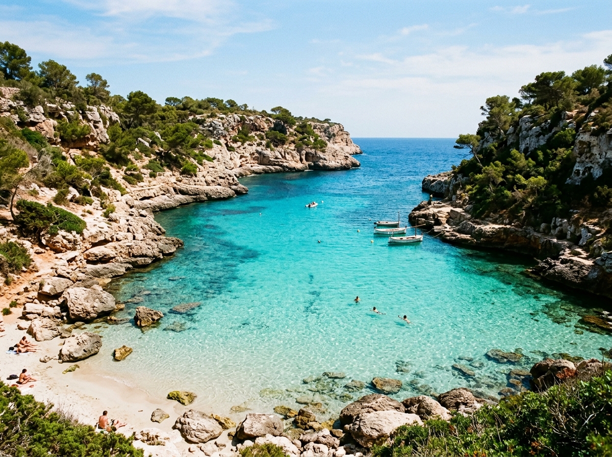 Turquoise shallow bay and white sands of Balearic Mallorca coast